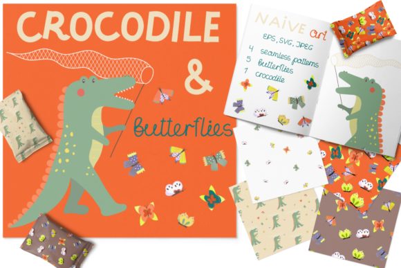 Crocodile with Butterflies Graphics for Crafting