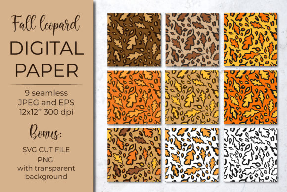 Fall Leopard Digital Paper. Oak Leaves Graphics